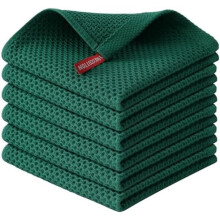 Torchons de cuisine 100 % coton, lot de 6, tissage gaufré, 30 x 30 cm, vert foncé, ultra doux et absorbants