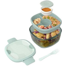 Saladier en verre teinté de 1,7 L avec couvercle, plateau bento, coupelle à sauce et fourchette – Compatible lave-vaisselle et micro-ondes (Mod
