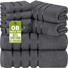 Ensemble de serviettes de luxe 8 pièces (gris) : 2 serviettes de bain + 2 serviettes pour les mains + 4 gants de toilette, coton filé à l'anneau