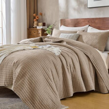 Ensemble de literie Queen avec taies d'oreiller, couette légère douce au style vintage, rayures en microfibre brossée, marron, 218 x 229 cm
