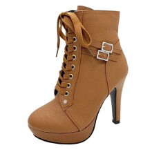Stiefel aus Kunstleder für Damen, Winterschuhe aus Synthetikmaterial, warm, runde Zehenpartie, hoher Absatz, Riemen mit Schnalle, mittelhohe