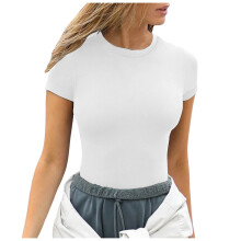 Ediodpoh Damen Sommer Kurzarm Tops Rundhals Rippstrick Slim Fit Shirts Casual Tee T-Shirts für Damen Weiß L