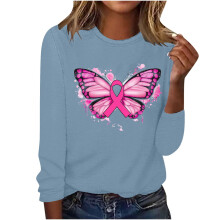 Blusa de algodón azul de manga larga para mujer, verano 2024. Blusa de manga larga con cuello redondo y estampado gráfico de cáncer de mama para