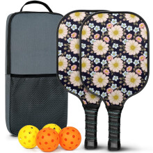 Pickleball-padler sett med blomsterdekorerte glassfiberpadler, 2 baller og veske – kompatibel med innendørs/utendørs lek