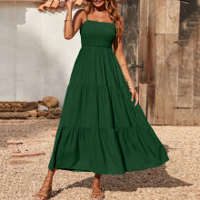 Elegante Kleider für Damen, Boho-Stil, Spaghettiträger, gerafftes, gestuftes, langes Strandkleid, ärmelloses, einfarbiges Maxikleid, Sommerkleid,