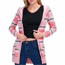 Gevoerd damesvest met capuchon - Boheemse print, jas met knoopsluiting en zakken, warm voor de herfst en winter, roze, maat XL