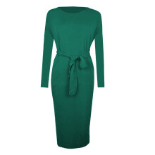 Damesjurk, casual, effen kleur, lange mouwen, ronde hals, midi-lengte, voor de herfst en winter, afneembare riem, zijzakken, zachte stof,