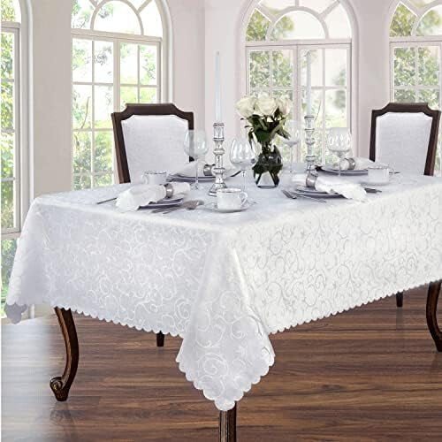 Scalloped Damask Tablecloth 60 x 84 Inch Ivory