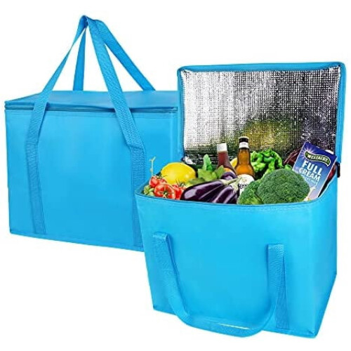 Conjunto de 2 Sacolas Térmicas para Compras, Azuis, Reutilizáveis, com Zíper Resistente e Dobráveis – Compatíveis com Instacart