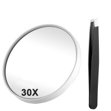 30-fach vergrößernder Spiegel mit 2 Saugnäpfen, 8,9 cm (3,5 Zoll) Kompaktspiegel & Pinzette zum Rasieren/Entfernen von Mitessern – Weiß