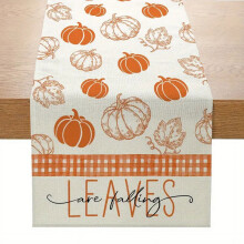 Chemin de table automnal à motif citrouille et feuilles d'érable, carreaux orange et buffalo – 33 x 183 cm, idéal pour la maison et les fêtes.