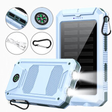 Xhy Solar Power Bank 20000mAh with 4 Cables Fast Charging External Battery Portable Solar Charger Built-in Led Flashlight Light Blue