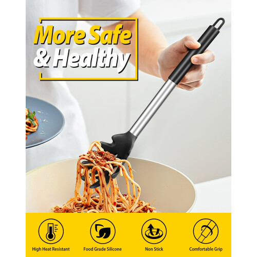 GYDEK Silicone Slotted Pasta Fork,Home Kitchen Noodle Spoon Server, Spaghetti Strainer, Black 1