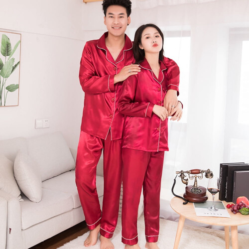 Men's satin pajama set long sleeve solid color 2-piece 2