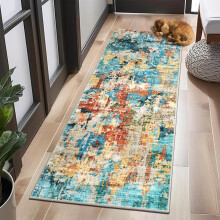 2x6 Washable Runner Rug, Blue Colorful Modern Abstract for Kitchen, Hallway, Laundry Room, Ultra-Thin Non-Slip Rug, Bedroom (Blue Colorful).
