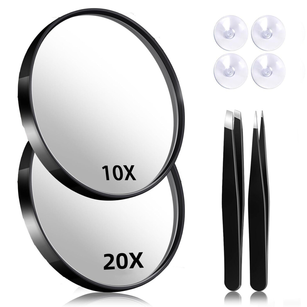 Black Magnifying Mirror With 2 Tweezers, Portable 3.5" Two Suction Cups, Mirror With Magnification Set For Women Men (20X/10X)