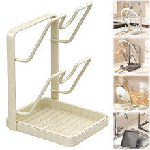 2-Tier Kitchen Pot Lid Storage Rack with Removable Drip Tray, Compatible with Most Pots & Lids