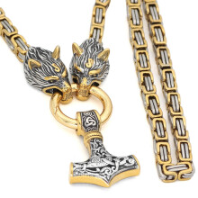 Wolf Head and Thor's Hammer Pendant Necklace Stainless Steel - King Chain