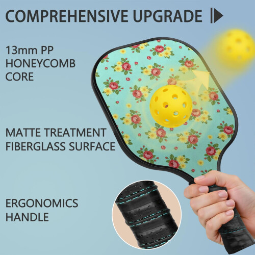 Σετ κουπιών Pickleball από fiberglass με λουλούδια και 2 μπάλες και τσάντα – Συμβατό με 1