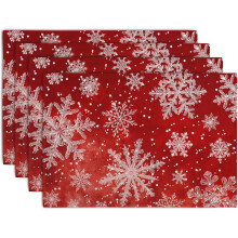 Red Snowflake Xmas Placemats Set of 4, Linen, Washable, Indoor/Outdoor, Compatible with Holiday Table Decor
