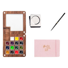 Walnut Wood Watercolor Paint Palette with Clip - Portable Travel Set for Artists & Students, Compact for Outdoor Painting & Creative Projects