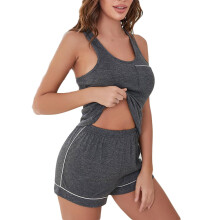 Pyjamas til kvinder, afslappet, kortærmet top med shorts, hjemmetøj, pyjamassæt, loungewear, grå, L