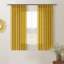 Mustard Yellow Pinch Pleated Linen Curtains, 45" L x 2 Panels, Semi-Sheer Boho Farmhouse Style for Small Windows – Compatible with Standard Rods