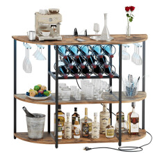 Wine Bar Cabinet with RGB LED Lights, Power Strip & App Control – Brown, Compatible with Home/Office