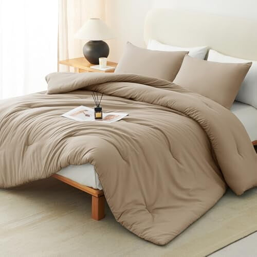 Taupe Full Size 3-Pc Comforter Set: Lightweight, Breathable Microfiber Quilted Bedding (1 Comforter + 2 Pillowcases)