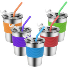 Toddler Cups with Straws, Stainless Steel Children Smoothie Drinking Sippy Cups, Stacking & Reusable Kids Cups with Straws and Lids, 5 Pack, 12oz