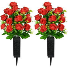 Artificial Cemetery Flowers, Grave Memorial Flowers with Vase, Artificial Rose Bouquet Decoration for Cemetery Headstones Gravesites (Pure Red)