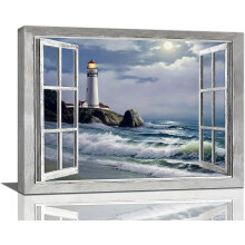 Leuchtturm-Wandbild – Küstenmotiv auf Leinwand, 40 x 30 cm, gerahmt, für Wohnzimmer, Schlafzimmer, Badezimmer, Büro