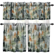 Ensemble de 3 rideaux de cuisine à motif forêt aquarelle, à œillets, 137 x 46 cm + 2 x 69 x 61 cm, pour cuisine et salon