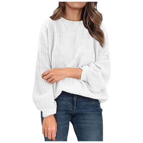 Γυναικείο λευκό oversized πλεκτό πουλόβερ με ριμπ ύφανση, casual τοπ γραφείου με μακριά