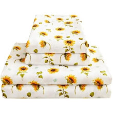 Ensemble de draps à motif tournesol, taille complète, drap-housse en microfibre brossée, poche profonde de 38 cm + sangles antidérapantes, motif
