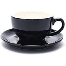 Latte Art Cup and Saucer for Latte & Cappuccino New Bone China, Mate for Coffee Shop and Barista (Glossy Black, 10.5 oz)