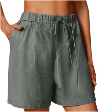 Shorts femininos de linho, cintura alta, elástico na cintura, elegantes e casuais, com pernas largas e bolsos.