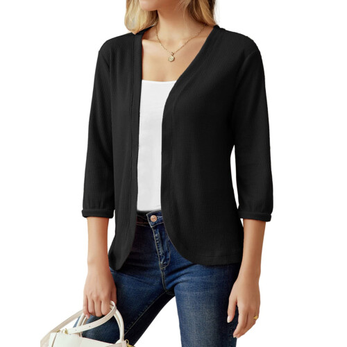 Dame Basic 3/4-ermet V-hals åpen front vaffelstrikket kort cardigan