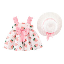 KDFJPTH Cute Sweet Strawberry Full Print Princess Dress Summer Sleeveless Big Bowknot A-Line Party Casual Dresses With Hat