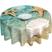Beach Starfish Shell Round Tablecloth Washable Reusable Decoration Table Cover for Kitchen Party 60"