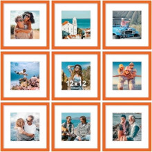 12x12 Picture Frames Set of 9, Shatter-Resistant Plexiglass, Fits 8x8 w/Mat or 12x12 w/o Mat, Wall-Mountable, Engineered Wood, Orange