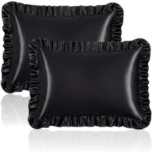 Lot de 2 taies d'oreiller en satin à volants pour cheveux et peau – Taille standard, fermeture portefeuille, infroissables, noires