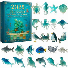 Calendrier de l'Avent en verre de mer avec décorations artisanales représentant des hippocampes, des étoiles de mer et des dauphins –