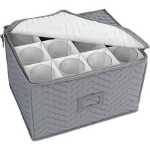 Luxusní prošívaný úložný box na 12 sklenic na víno, šampaňské a další – 39,5 cm x 30,5 cm x 25 cm, šedý