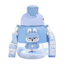 Botella de agua de gran capacidad con diseño de dibujos animados para niños, vaso de plástico con pajita de 1 litro y correa ajustable, bonito