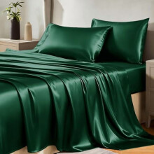 Satin-Bettwäsche-Set (Kingsize) – 4-teilig, dunkelgrüne Mikrofaser, 1 Spannbettlaken, 1 Bettlaken und 2 Kissenbezüge, weich und glatt