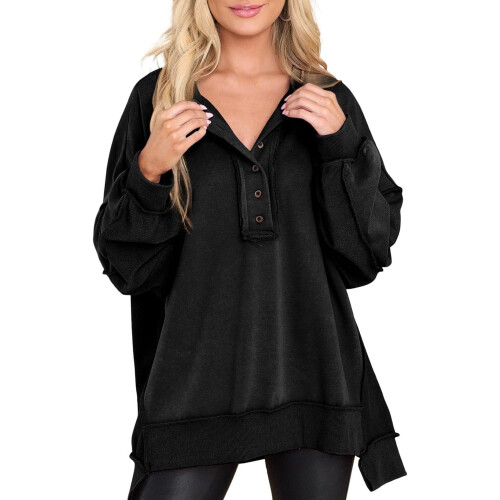 Γυναικείο oversized φούτερ casual με μακριά μανίκια και κουμπιά, Henley λαιμόκοψη, πουλόβερ,