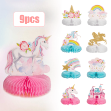 Juego de 9 piezas de centro de mesa de unicornio arcoíris con diseño de panal de abeja, decoraciones de mesa Shiny3D para fiestas de cumpleaños.