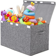 Cutie de jucării pliabilă mare cu capac, cutie de depozitare robustă din in gri pentru copii, creșă și cameră de joacă - 63x33x40 cm