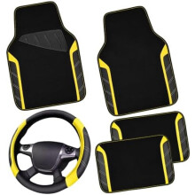 Coprivolante in pelle e tappetini impermeabili, set universale in microfibra per il 95% delle auto, antiscivolo, 14,5–15", nero e giallo